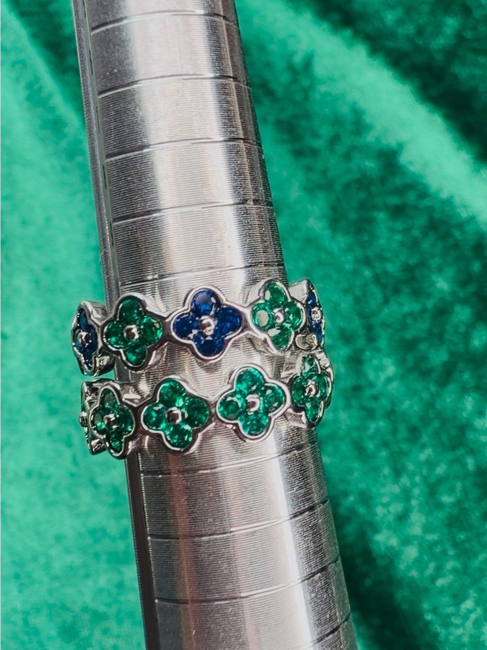 14K Gold Plated Four Leaf Clover Ring with Green and Blue Accents
